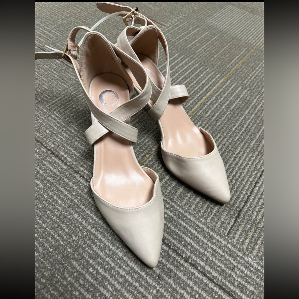 Journee Collection Cream Heels with Crisscross Ankle Straps